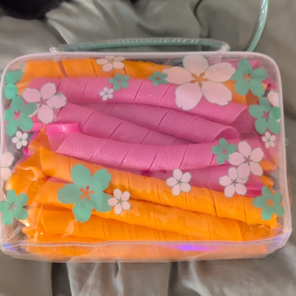 Pink and Orange Hair Curlers in Floral Case
